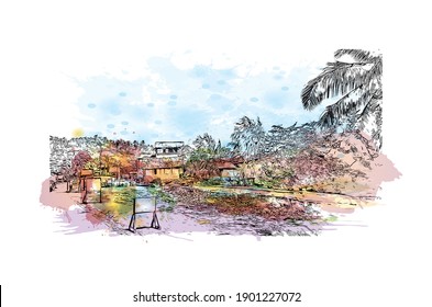 Building view with landmark of Catbalogan is the
city in Philippines. Watercolour splash with hand drawn sketch illustration in vector.