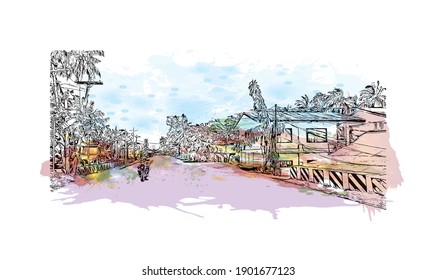 Building view with landmark of Catbalogan is the city in Philippines. Watercolor splash with hand drawn sketch illustration in vector.