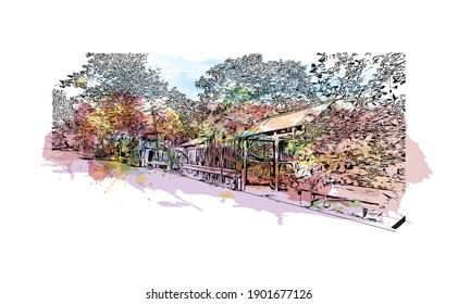 Building view with landmark of Catbalogan is the city in Philippines. Watercolor splash with hand drawn sketch illustration in vector.