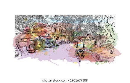 Building view with landmark of Catbalogan is the city in Philippines. Watercolor splash with hand drawn sketch illustration in vector.