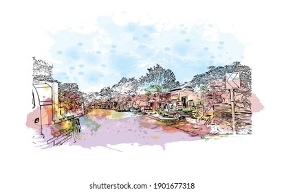 Building view with landmark of Catbalogan is the city in Philippines. Watercolor splash with hand drawn sketch illustration in vector.
