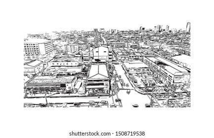 Building view with landmark of Cebu is a province of the Philippines. Hand drawn sketch illustration in vector.