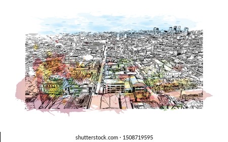 Building view with landmark of Cebu is a province of the Philippines. Watercolor splash with Hand drawn sketch illustration in vector.