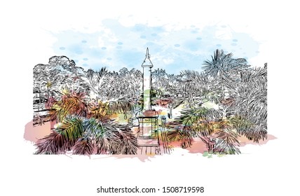Building view with landmark of Cebu is a province of the Philippines. Watercolor splash with Hand drawn sketch illustration in vector.