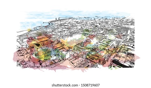 Building view with landmark of Cebu is a province of the Philippines. Watercolor splash with Hand drawn sketch illustration in vector.