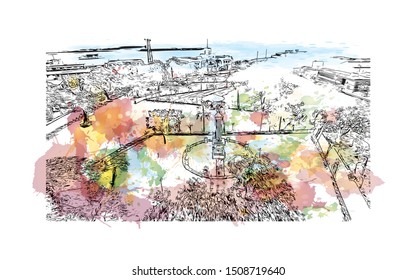 Building view with landmark of Cebu is a province of the Philippines. Watercolor splash with Hand drawn sketch illustration in vector.