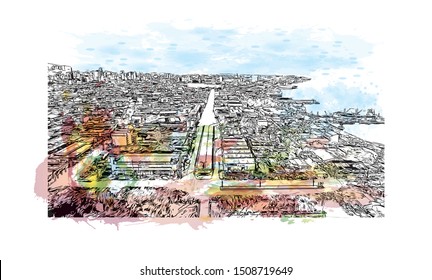 Building view with landmark of Cebu is a province of the Philippines. Watercolor splash with Hand drawn sketch illustration in vector.