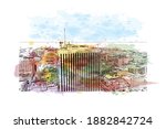 Building view with landmark of Cedar Rapids is a city in eastern Iowa. Watercolour splash with hand drawn sketch illustration in vector.