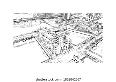 Construir vistas con el punto de referencia de Cedar Rapids es una ciudad en el este de Iowa. Dibujo a mano de ilustración de esbozo en vector.
