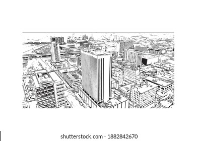 Construir vistas con el punto de referencia de Cedar Rapids es una ciudad en el este de Iowa. Dibujo a mano de ilustración de esbozo en vector.