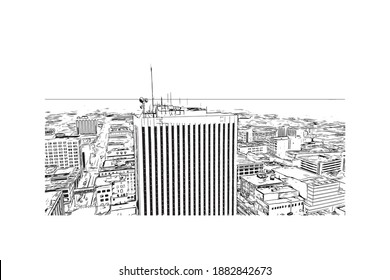 Building view with landmark of Cedar Rapids is a city in eastern Iowa. Hand drawn sketch illustration in vector.