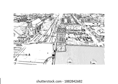 Building view with landmark of Cedar Rapids is a city in eastern Iowa. Hand drawn sketch illustration in vector.