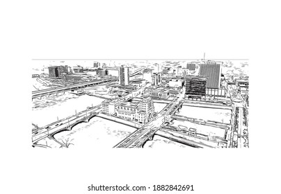 Building view with landmark of Cedar Rapids is a city in eastern Iowa. Hand drawn sketch illustration in vector.