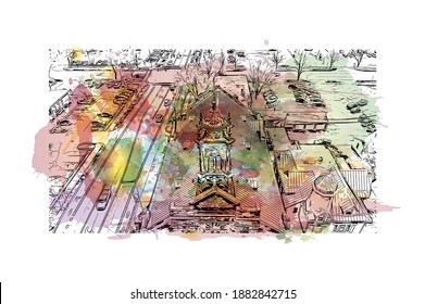 Construir vistas con el punto de referencia de Cedar Rapids es una ciudad en el este de Iowa. Salto de color de agua con ilustración de esbozo dibujada a mano en vector.