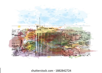Building view with landmark of Cedar Rapids is a city in eastern Iowa. Watercolour splash with hand drawn sketch illustration in vector.