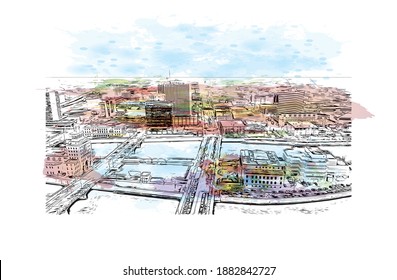Building view with landmark of Cedar Rapids is a city in eastern Iowa. Watercolour splash with hand drawn sketch illustration in vector.