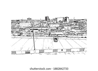 Building view with landmark of Cedar Rapids is a city in eastern Iowa. Hand drawn sketch illustration in vector.