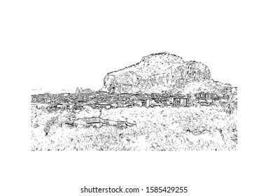 Building view with landmark of Cefalu is a coastal city in northern Sicily, Italy. Hand drawn sketch illustration in vector.