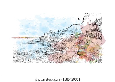 Building view with landmark of Cefalu is a coastal city in northern Sicily, Italy. Watercolor splash with Hand drawn sketch illustration in vector.