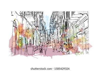 Building view with landmark of Cefalu is a coastal city in northern Sicily, Italy. Watercolor splash with Hand drawn sketch illustration in vector.