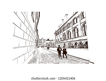 Building view with landmark of Cesky Krumlov is a city in the South Bohemia region of the Czech Republic. Hand drawn sketch illustration in vector.