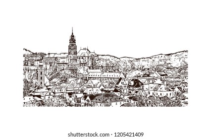 Building view with landmark of Cesky Krumlov is a city in the South Bohemia region of the Czech Republic. Hand drawn sketch illustration in vector.