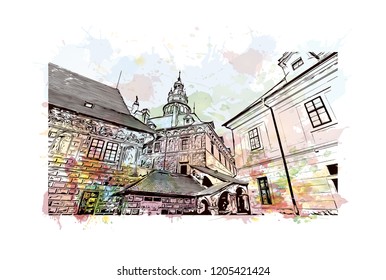 Building view with landmark of Cesky Krumlov is a city in the South Bohemia region of the Czech Republic. Watercolor splash with Hand drawn sketch illustration in vector.