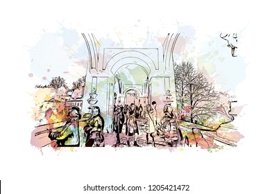 Building view with landmark of Cesky Krumlov is a city in the South Bohemia region of the Czech Republic. Watercolor splash with Hand drawn sketch illustration in vector.