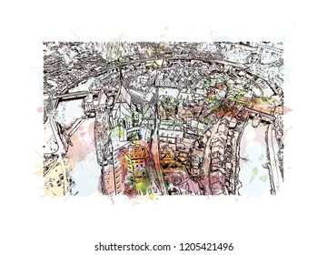 Building view with landmark of Cesky Krumlov is a city in the South Bohemia region of the Czech Republic. Watercolor splash with Hand drawn sketch illustration in vector.