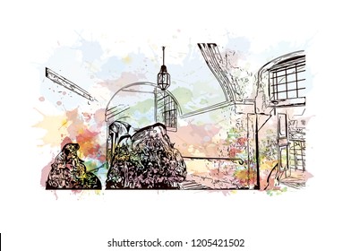 Building view with landmark of Cesky Krumlov is a city in the South Bohemia region of the Czech Republic. Watercolor splash with Hand drawn sketch illustration in vector.