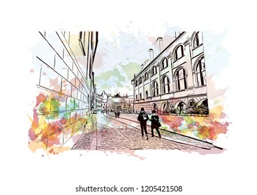 Building view with landmark of Cesky Krumlov is a city in the South Bohemia region of the Czech Republic. Watercolor splash with Hand drawn sketch illustration in vector.