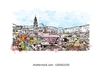 Building view with landmark of Cesky Krumlov is a city in the South Bohemia region of the Czech Republic. Watercolor splash with Hand drawn sketch illustration in vector.