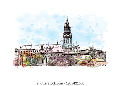 Building view with landmark of Cesky Krumlov is a city in the South Bohemia region of the Czech Republic. Watercolor splash with Hand drawn sketch illustration in vector.