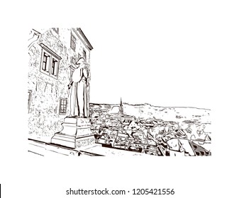 Building view with landmark of Cesky Krumlov is a city in the South Bohemia region of the Czech Republic. Hand drawn sketch illustration in vector.