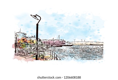 Building view with landmark of Cesme is a Turkish resort town west of Izmir, on the Aegean Sea. Watercolor splash with Hand drawn sketch illustration i vector.