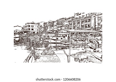 Building view with landmark of Cesme is a Turkish resort town west of Izmir, on the Aegean Sea. Hand drawn sketch illustration i vector.