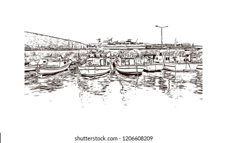 Building view with landmark of Cesme is a Turkish resort town west of Izmir, on the Aegean Sea. Hand drawn sketch illustration i vector.