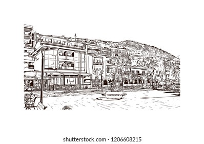 Building view with landmark of Cesme is a Turkish resort town west of Izmir, on the Aegean Sea. Hand drawn sketch illustration i vector.