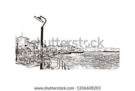 Building view with landmark of Cesme is a Turkish resort town west of Izmir, on the Aegean Sea. Hand drawn sketch illustration i vector.