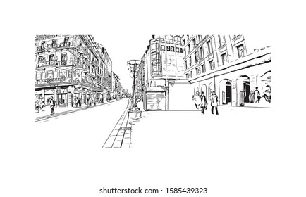 Building view with landmark of Chamonix-Mont-Blanc (usually shortened to Chamonix) is a resort area near the junction of France. Hand drawn sketch illustration in vector.