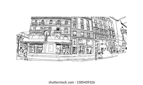 Building view with landmark of Chamonix-Mont-Blanc (usually shortened to Chamonix) is a resort area near the junction of France. Hand drawn sketch illustration in vector.