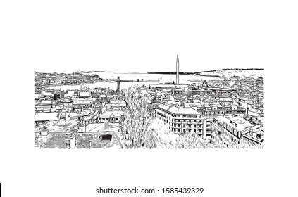 Building view with landmark of Chamonix-Mont-Blanc (usually shortened to Chamonix) is a resort area near the junction of France. Hand drawn sketch illustration in vector.