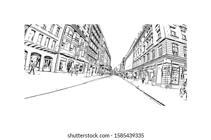 Building view with landmark of Chamonix-Mont-Blanc (usually shortened to Chamonix) is a resort area near the junction of France. Hand drawn sketch illustration in vector.