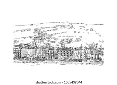 Building view with landmark of Chamonix-Mont-Blanc (usually shortened to Chamonix) is a resort area near the junction of France. Hand drawn sketch illustration in vector.