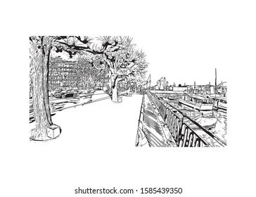 Building view with landmark of Chamonix-Mont-Blanc (usually shortened to Chamonix) is a resort area near the junction of France. Hand drawn sketch illustration in vector.