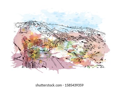 Building view with landmark of Chamonix-Mont-Blanc (usually shortened to Chamonix) is a resort area near the junction of France. Watercolor splash with Hand drawn sketch illustration in vector.