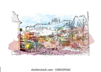 Building view with landmark of Chamonix-Mont-Blanc (usually shortened to Chamonix) is a resort area near the junction of France. Watercolor splash with Hand drawn sketch illustration in vector.