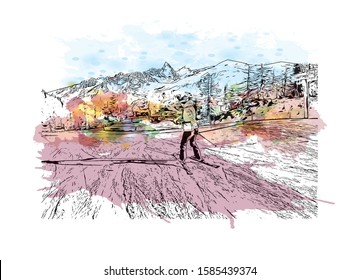 Building view with landmark of Chamonix-Mont-Blanc (usually shortened to Chamonix) is a resort area near the junction of France. Watercolor splash with Hand drawn sketch illustration in vector.