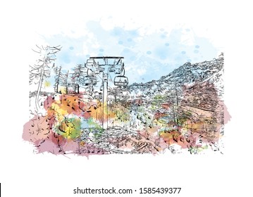 Building view with landmark of Chamonix-Mont-Blanc (usually shortened to Chamonix) is a resort area near the junction of France. Watercolor splash with Hand drawn sketch illustration in vector.