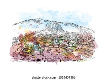 Building view with landmark of Chamonix-Mont-Blanc (usually shortened to Chamonix) is a resort area near the junction of France. Watercolor splash with Hand drawn sketch illustration in vector.